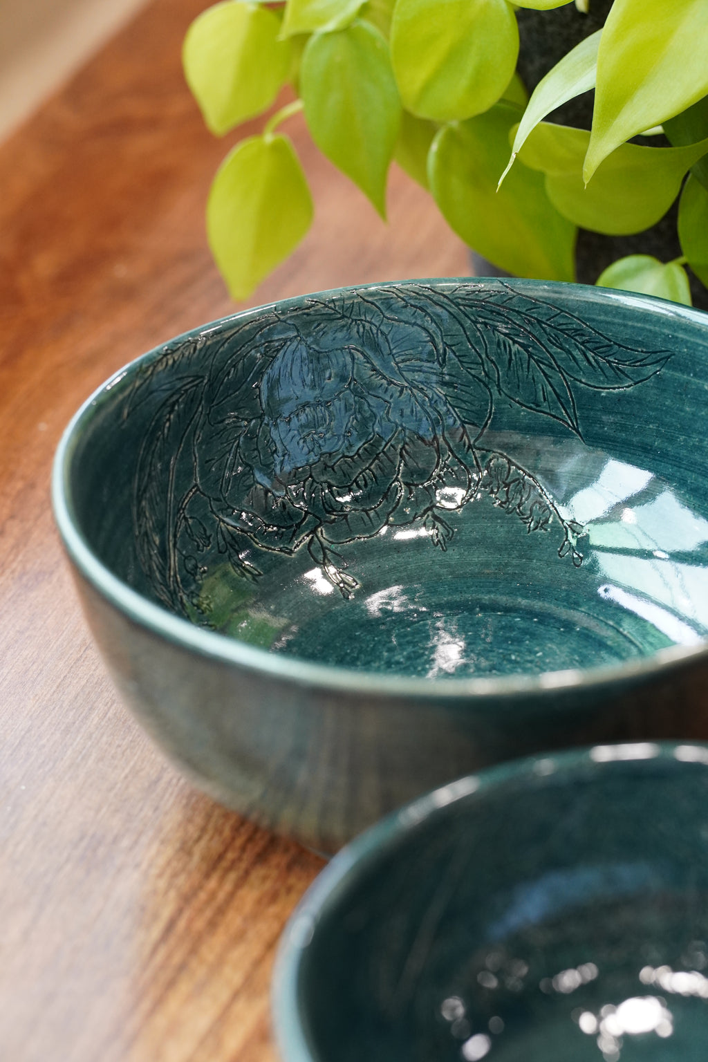 Small, Hand-carved, Peony Nesting Bowls Set of Four