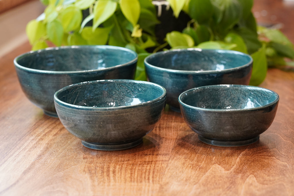 Small, Hand-carved, Peony Nesting Bowls Set of Four