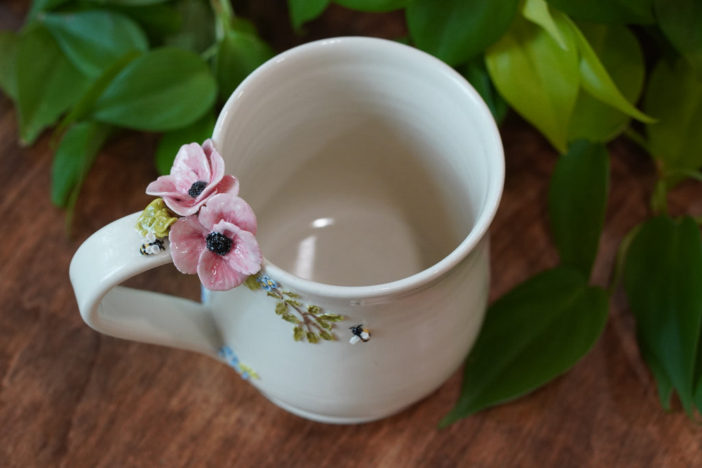 Hand-sculped 3D Honey Bee, Flower Mug