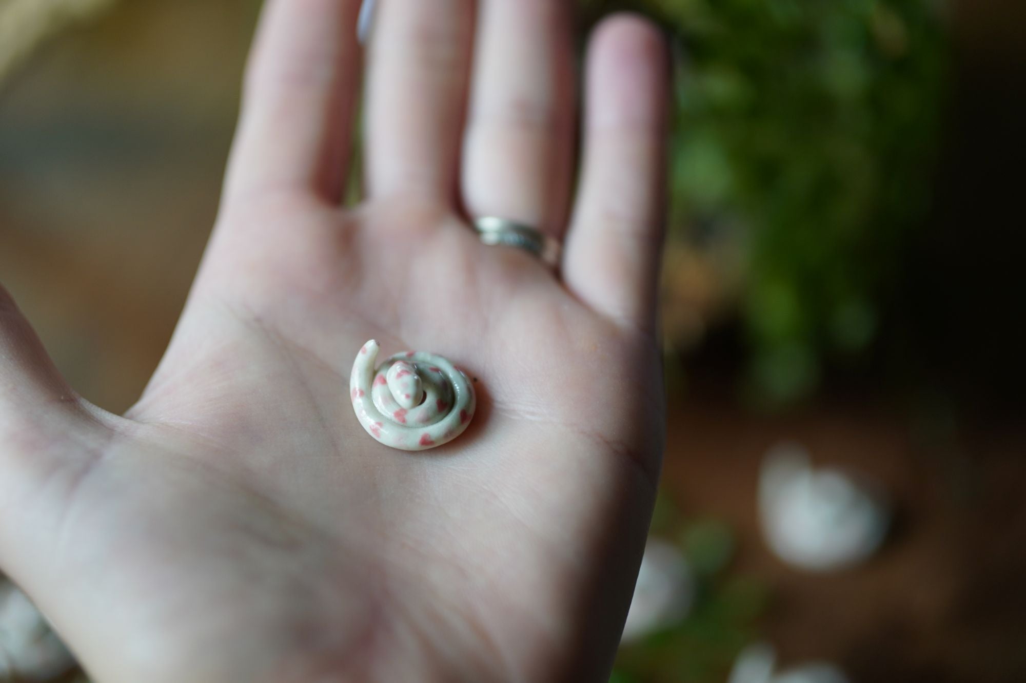 Small snake held in the palm of a hand with a blurred natural background