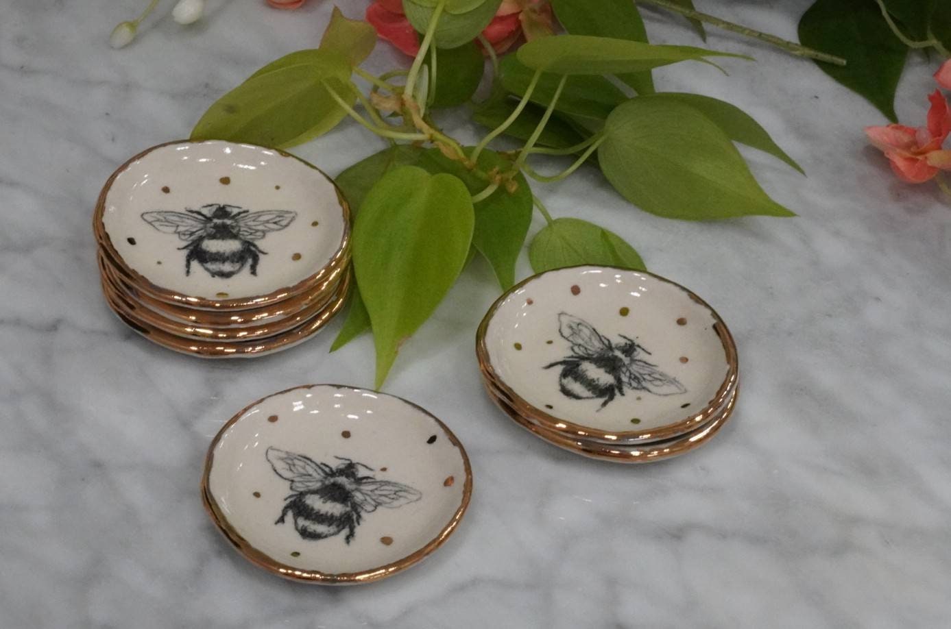 Hand Drawn, Bumble Bee Ring Dish, Teabag Holder with Gold Rim
