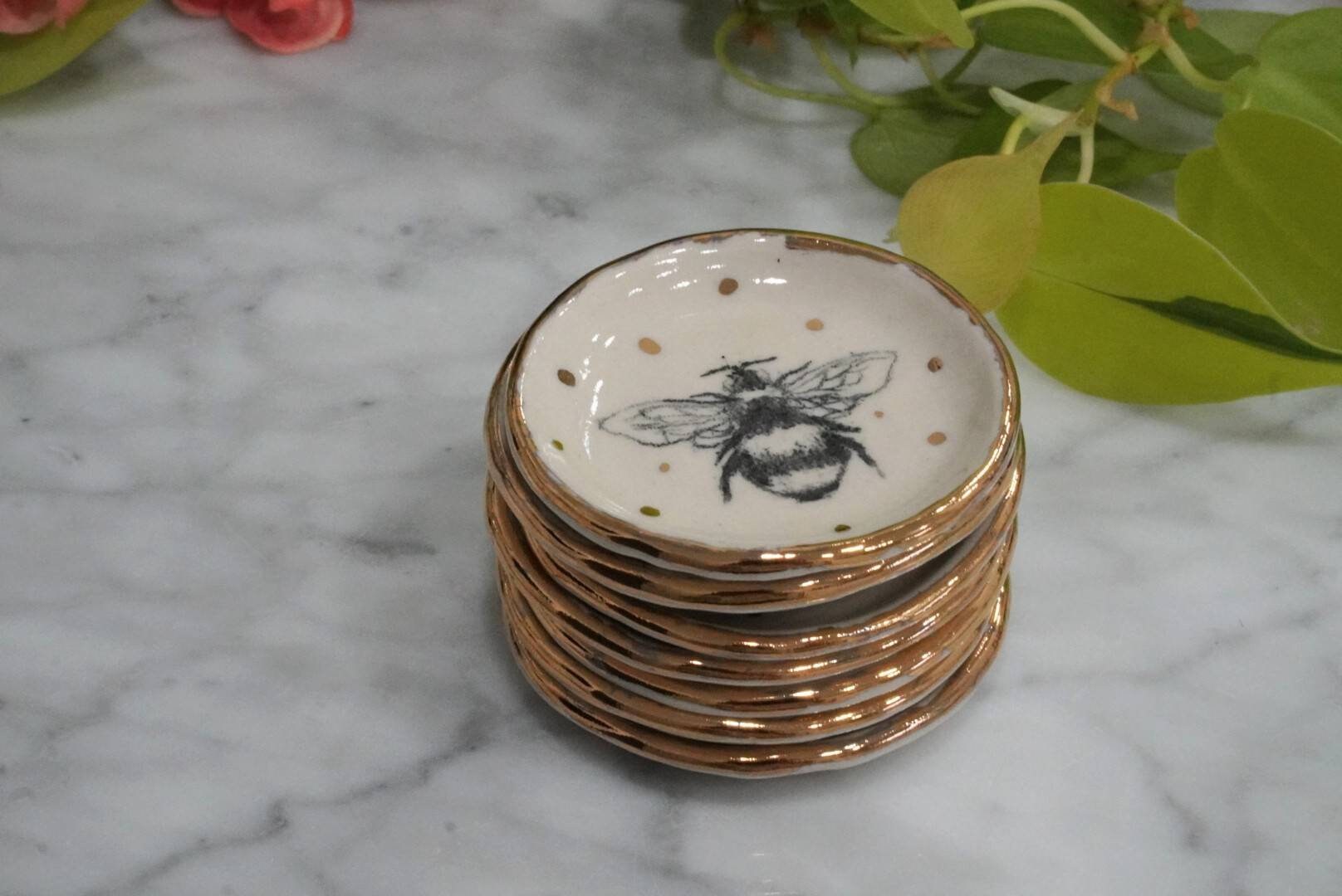 Hand Drawn, Bumble Bee Ring Dish, Teabag Holder with Gold Rim