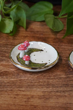 Mushrooms on a Moss Moon Ring Dish, with Gold Rim