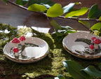 Mushrooms on a Moss Moon Ring Dish, with Gold Rim