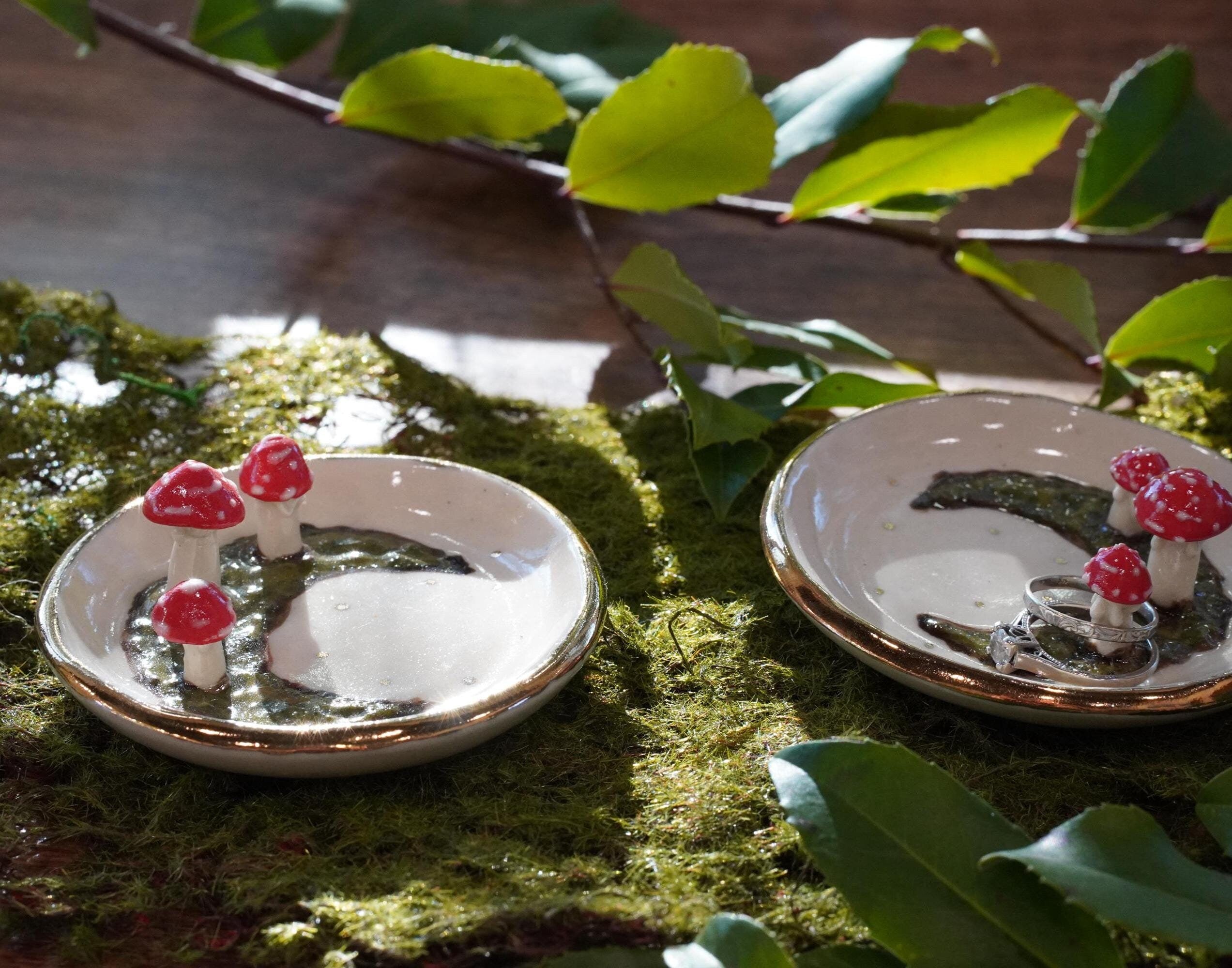 Mushrooms on a Moss Moon Ring Dish, with Gold Rim