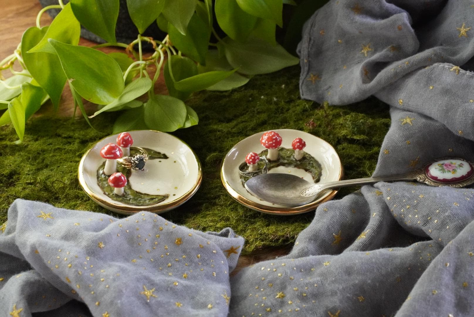 Mushrooms on a Moss Moon Ring Dish, with Gold Rim