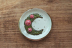 Mushrooms on a Moss Moon Ring Dish, with Gold Rim