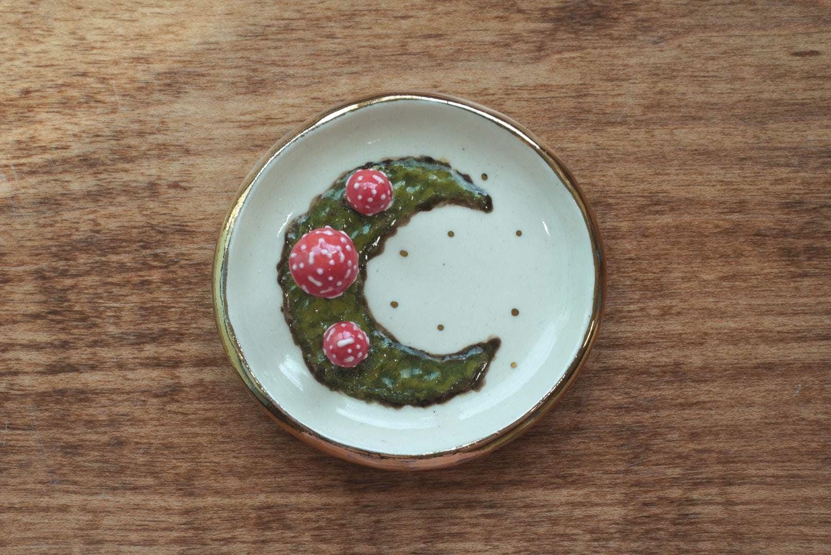 Mushrooms on a Moss Moon Ring Dish, with Gold Rim